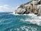 View of the waves of the Aegean Sea and fantastic cliffs. Turkey, Kusadasi.