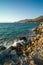 View of waves hitting the rocky shore of Knidos Datca in Turkey