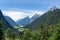 view on wetterstein mountains and leutasch valley from a nearby mountain in summer