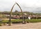 View of Whitby Abbey ruin through the Whale Bones landmark