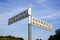 View on white direction sign with range of numbers against blue sky in rural area.