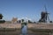 View of the white old drawbridge in the harbor of the city of Heusden surrounded by its fortified walls