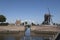 View of the white old drawbridge in the harbor of the city of Heusden surrounded by its fortified walls