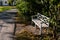 View of white Patio Bench in the garden in the fall season