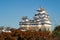 View of white, spactacular Himeji Castle on a hill with red and oragne autumn trees.