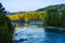 View of the wide river, mountains covered with forests, and rocky island. Altai, Katun