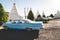 View of the Wigwam Motel and its classic cars on the property