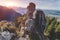 View of wild rocky mountains, high cliffs in Ammergau Alps near Schwangau. Hiking and climbing on the Tegelberg via the via ferrat