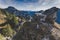 View of wild rocky mountains, high cliffs in Ammergau Alps near Schwangau. Hiking and climbing on the Tegelberg via the via ferrat