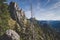 View of wild rocky mountains, high cliffs in Ammergau Alps near Schwangau. Hiking and climbing on the Tegelberg via the via ferrat