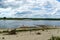 View of the wild sandy beach on the river Pripyat against the blue sky and white clouds