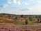 View from Wilsede hill through the landscape of Lueneburg Heath at full bloom, Lower Saxony, Germany