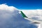 View from the window of an airplane, beautiful white clouds, blue sky, wing of an airplane.