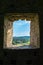 View through a window of Corfe Castle Keep