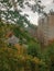 View from the window through the muddy rain-flooded glass. Autumn rainy weather