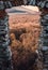 View from the window of old and anciet ruins Ghymes Castle on forest and valley. Vertical photo of scenic view on trees and