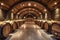 View of Wine Barrels Lined Up in a Traditional Wooden Wine Cellar