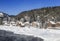 View of the winter Altai with the Biya river, Artybash village and mountains on the horizon. Altai Republic,