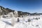 View of the winter Altai with the village of Artybash on the bank of the Biya  river. Altai Republic