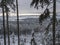 View of winter landscape with fields downhill over snowy spruce tree forest with snow covered conifers. Brdy Mountains