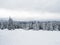 View of winter landscape with fields downhill over snowy spruce tree forest with snow covered conifers. Krkonose