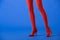 View of woman in fishnet tights and red heels posing on blue