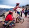 View of women in national clothing with lamas on the background of Sacsayhuaman landscape with tourists