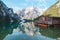 view of wooden boat station at alpine high mountain lake