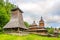 View at the Wooden church Church of St.Nicholas from Mikulasova in Bardejovske kupele town, Slovakia