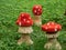 View of wooden decorations made prom cut tree trunk and carved in shape of toadstool as fly agaric painted with red cap and white