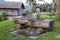 View of a wooden drinking water trough in Fie allo Sciliar, South Tyrol, Italy on