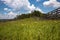 View of the wooden fence, meadow and amazing blue cloudy sky