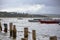 View of wooden stakes in the river, they serve to attach boats to the river bank