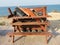 A view of a wooden table with collected inventory on the Mediterranean coast in Israel.