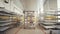 View of the worker in white coverall rolling the large cart with wooden boards on huge workshop in plant or woodworking