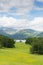 View from Wray Castle of Langdale Valley and mountains Lake District Cumbria uk