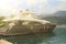 view of the yacht on the pier and the mountain in Budva in Monte