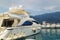view of the yachts on the pier and the mountain in Budva in Mont