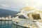 view of the yachts on the pier and the mountain in Budva in Mont