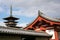 View of Yakushiji temple East Pagoda just after the restoration from the road adjacent to the temple