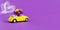 View of a yellow convertible car with a bouquet of flowers on a purple background behind which a train of a white heart develops.