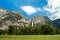 View of Yosemite Falls from Yosemite Valley Meadows, California, USA. Near Landmarks: Tunnel View, El Capitan, Bridalveil Falls,