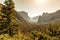 View of Yosemite Valley from Tunnel View point at sunrise - view to Bridalveil falls, El Capitan and Half Dome - Yosemite National