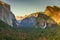 View of Yosemite Valley from Tunnel View point at sunset - view to Bridal veil falls, El Capitan and Half Dome - Yosemite National