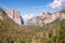 View of Yosemite Valley from Tunnel View point - view to Bridal veil falls, El Capitan and Half Dome - Yosemite National Park in