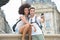 View young couple on holidays taking selfie