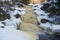 View of the Yukankoski waterfall, April morning. Karelia, Russia