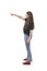 view of yung girl pointing on white background