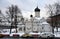 View of Zaryadye park in Moscow in winter. Saint Anna cathedral