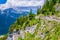 View of a zigzaging mountain road leading to the eisriesenwelt ice cave in Austria....IMAGE